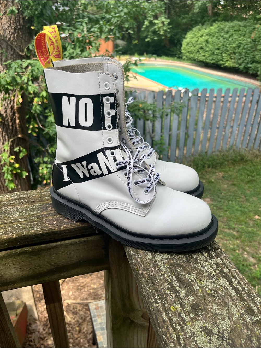 Dr. Martens White and Black Lace-Up Combat Boots with Bold Graphic